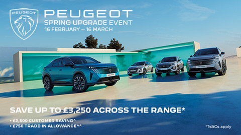 Four Peugeot Vehicles Parked in Blank Outdoor Space with Promotional Messaging