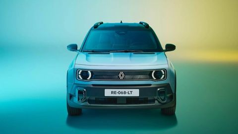 Front of a new Renault 4 parked on a blue and yellow lit background