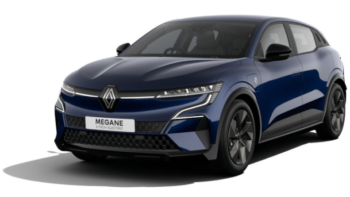 Navy Blue Renault Megane E-Tech Evolution in a white background