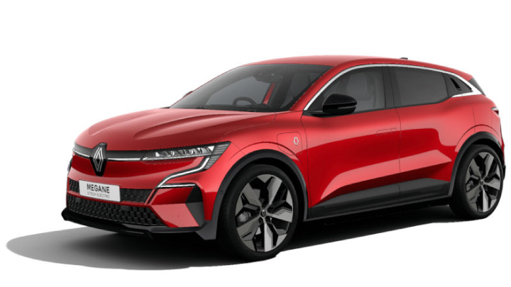 Red Renault Megane E-Tech Techno Plus in a white background