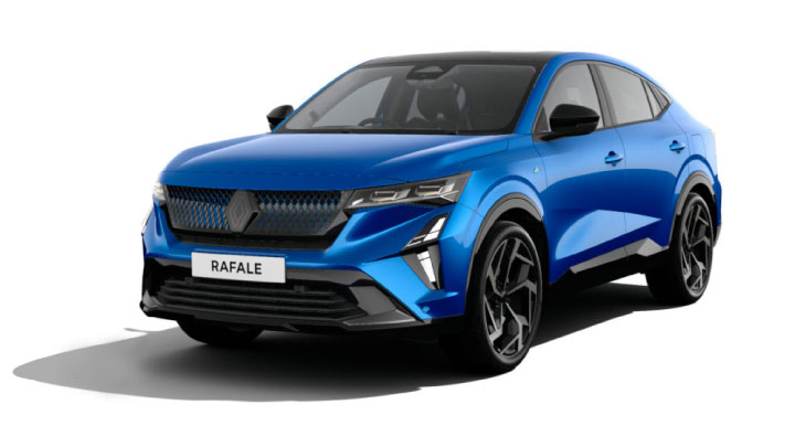 Blue Rafale Atelier Alpine parked on a white background