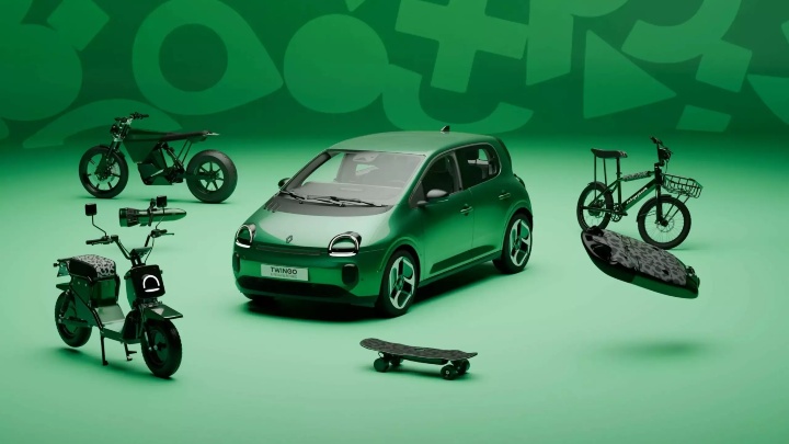 Green Renault Twingo Exterior Front with Electric Bikes