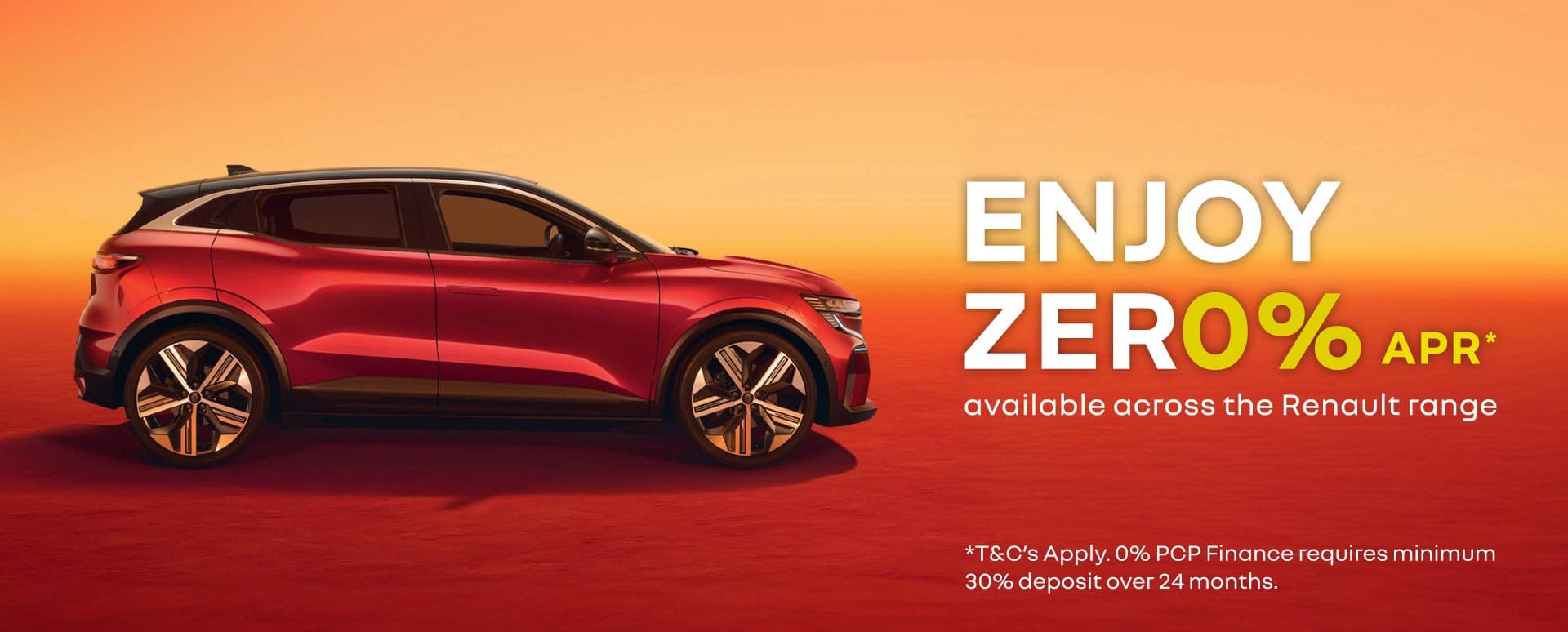 Red Renault car parked on the left side of the image on a two shades of orange background