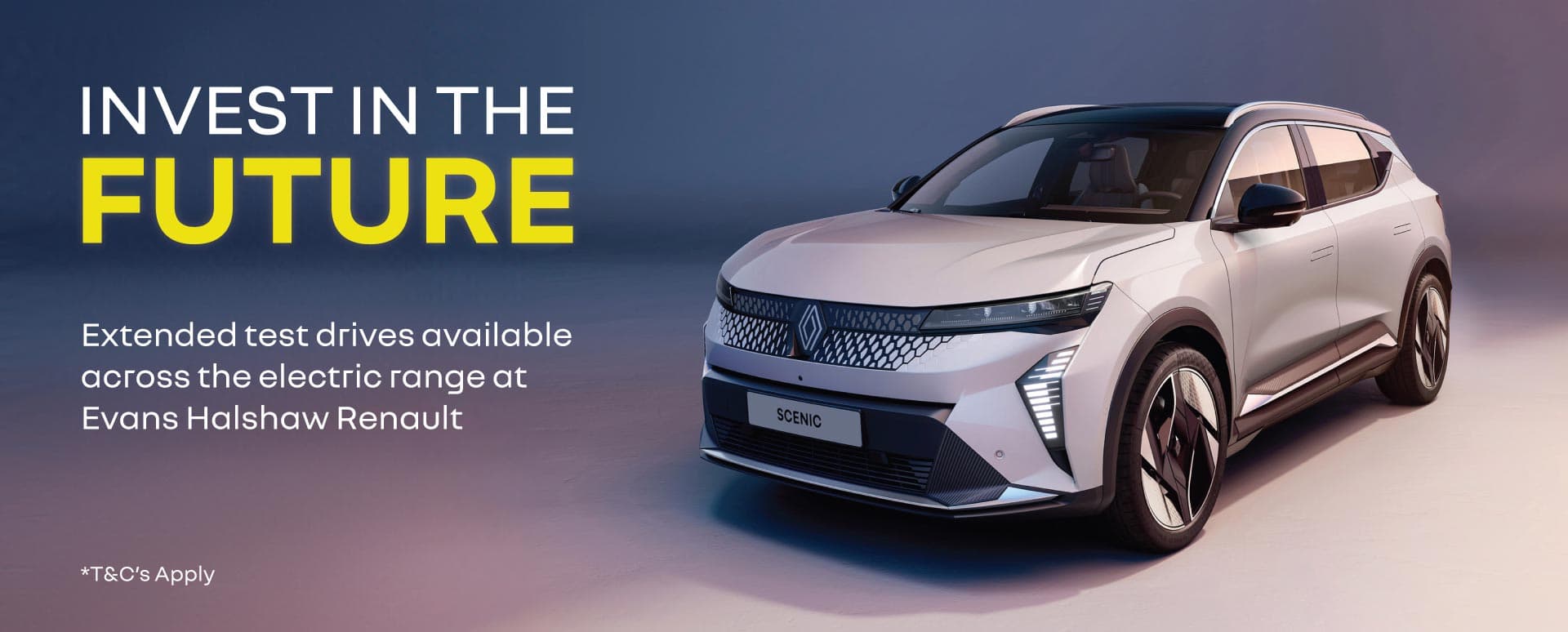 Silver Renault Scenic parked in a blue and white background