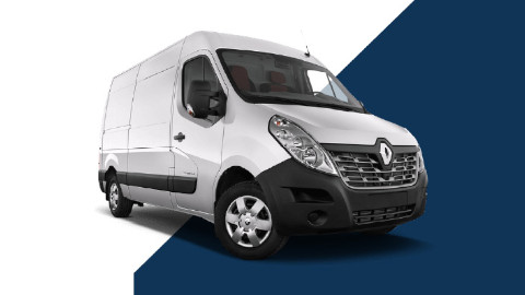 White Renault Master Exterior Front Static over Blue and White Background