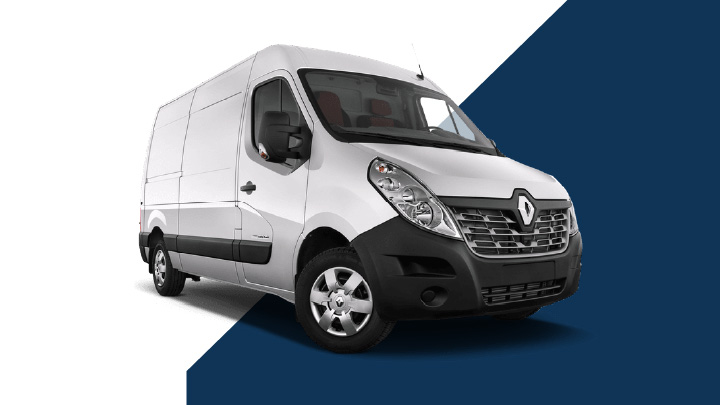 White Renault Master Exterior Front Static over Blue and White Background