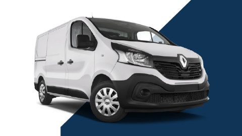 White Renault Trafic Exterior Front on White and Blue Background