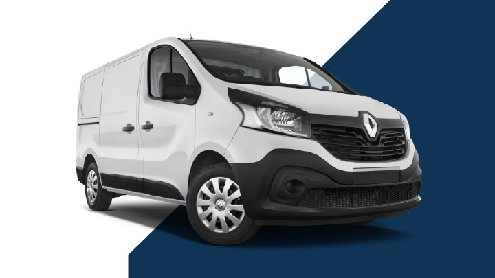 White Renault Trafic Exterior Front on White and Blue Background