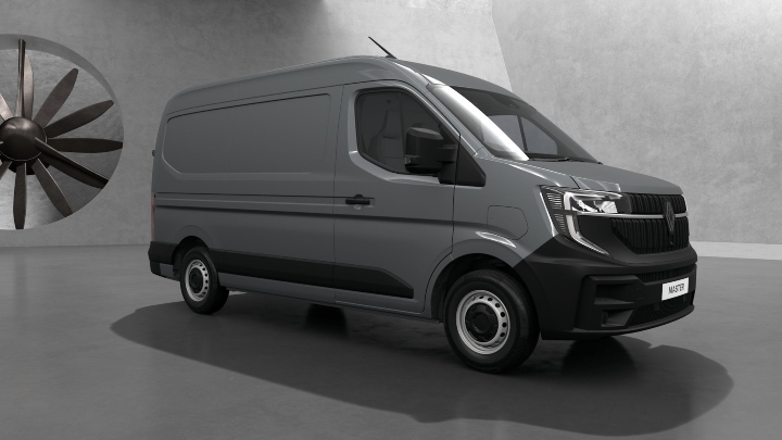 Renault Master E‑Tech Advance electric van shown from a front three‑quarter angle in a studio setting