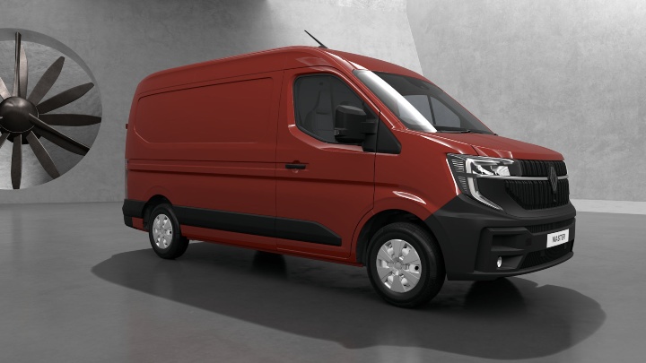 Renault Master E‑Tech Extra electric van shown from a front three‑quarter angle in a studio setting