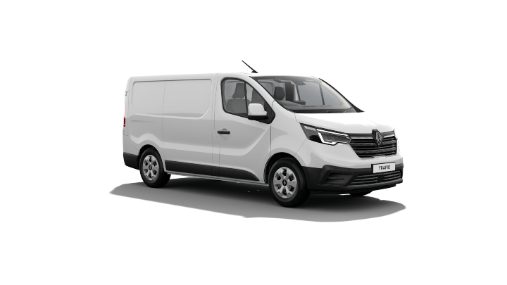 White Renault Trafic Advance van shown from a front three‑quarter angle on a white studio background