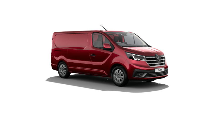 Red Renault Trafic Extra van shown from a front three‑quarter angle on a white studio background