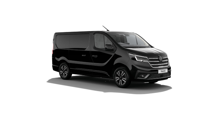 Black Renault Trafic Extra Sport van shown from a front three‑quarter angle on a white studio background