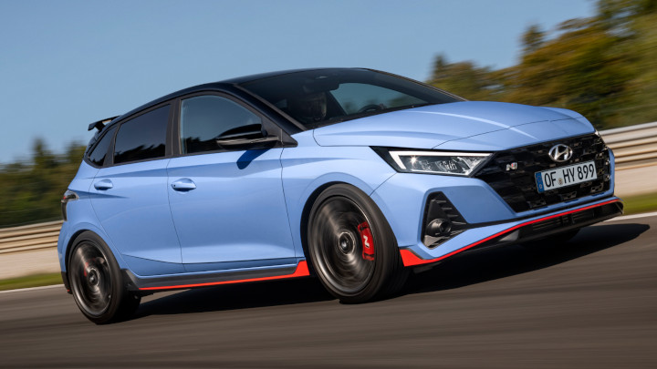 Blue Hyundai i20 N Exterior Front Driving