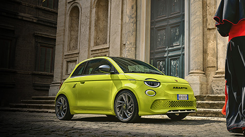 Yellow Abarth 500e Exterior Front Static in City