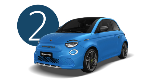 Blue Abarth 500e Exterior in Studio with Step 2 Background