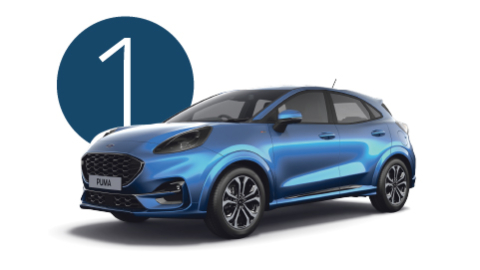 Blue Ford Puma Exterior Front in Studio with Step 1 Background