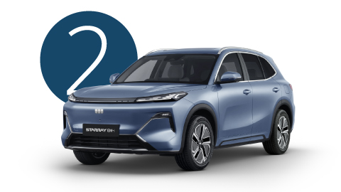 Blue Geely Starray EM-i Exterior Front in Studio with Step 1 Background