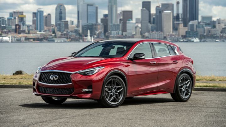 Red Infiniti QX30 parked in front of a big city skyline