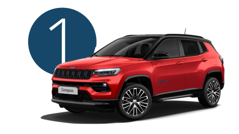 Red Jeep Compass Exterior Front in Studio with Step 1 Background
