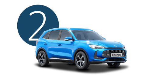 Blue MG ZS Hybrid+ Exterior Front in Studio with Step 2 Background