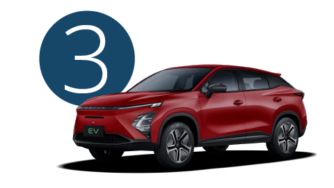 Red OMODA car in Studio with Step 3 Background