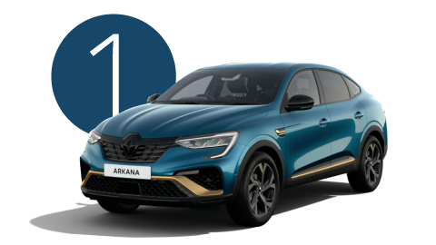 Blue Renault Arkana Exterior Front in Studio with Step 1 Background