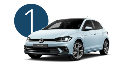 Sky Blue Volkswagen Polo Exterior Front in Studio with Step 1 Background