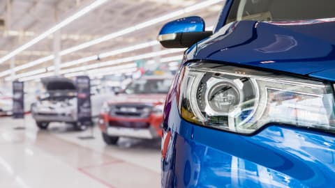 Front headlamp of a car in a showroom