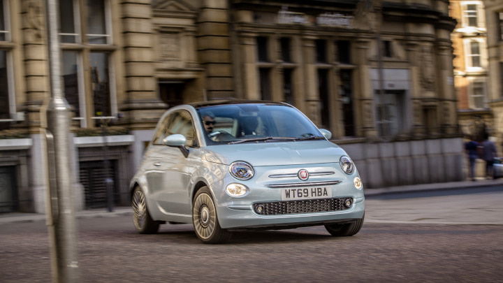 Blue Fiat 500 Driving