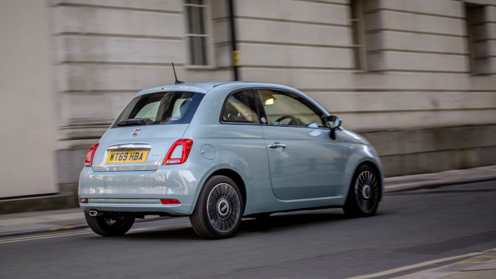 Blue Fiat 500 Driving Rear