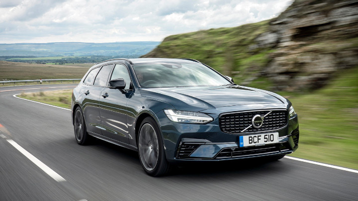 Blue Volvo V90 Exterior Front Driving