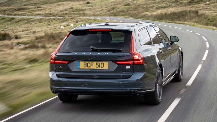 Blue Volvo V90 Exterior Rear Driving