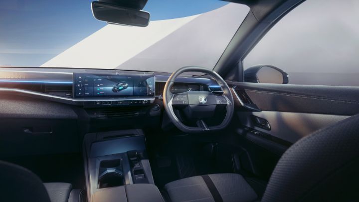 Inside of Vauxhall's Grandland. The steering wheel and infotainment system can be seen.