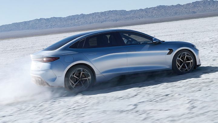 Grey BYD Seal driving in the snow