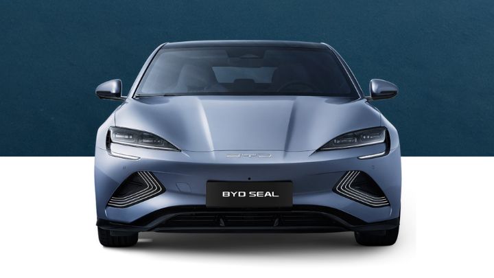 front of dark grey BYD Seal in a navy blue and white background